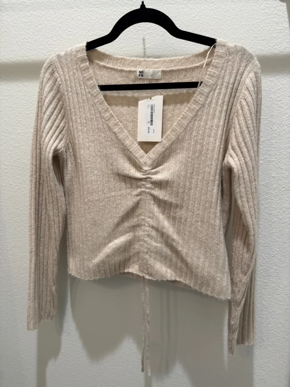 Cream Ribbed V-Neck Ruched Sweater - NWT - Picture 4 of 4